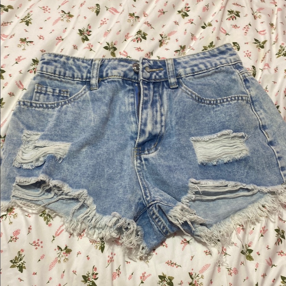 SHEIN Blue Distressed Jean Shorts with Frayed Hem